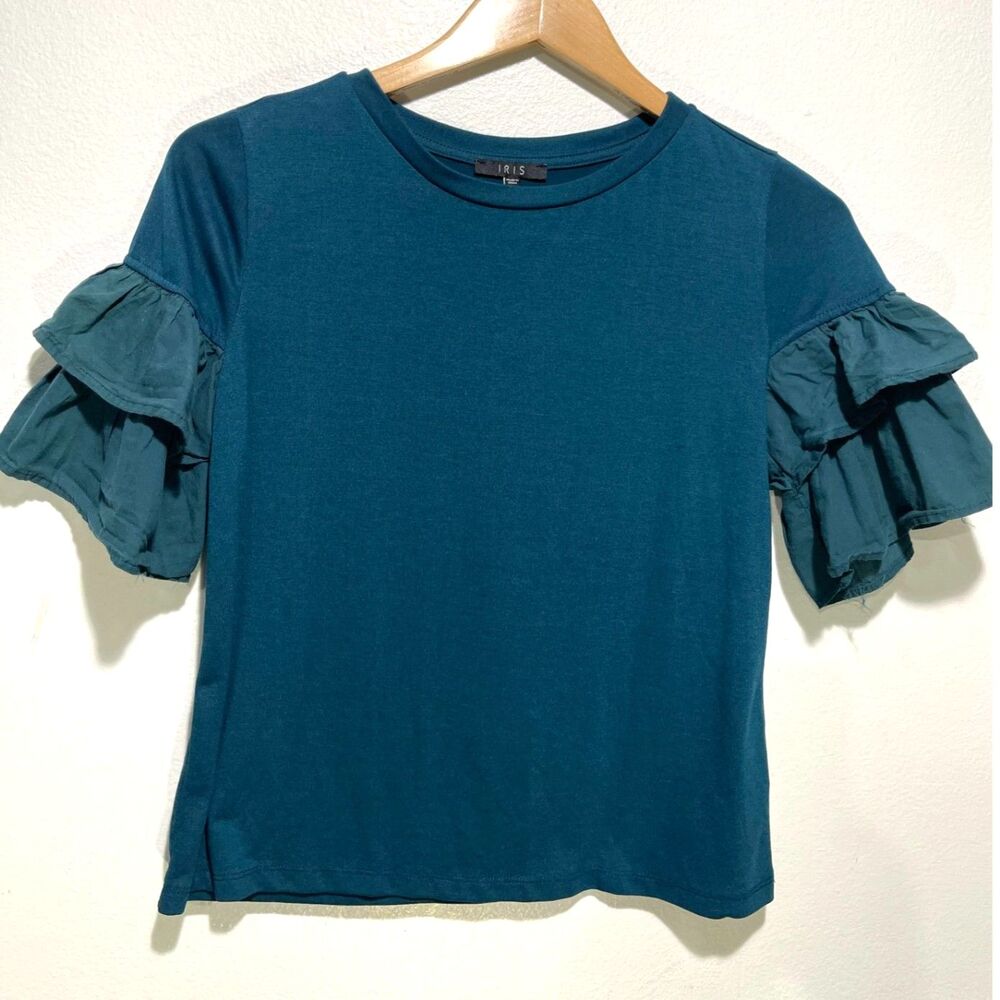 Iris t shirt ruffle flare sleeves forest green summer casual women S